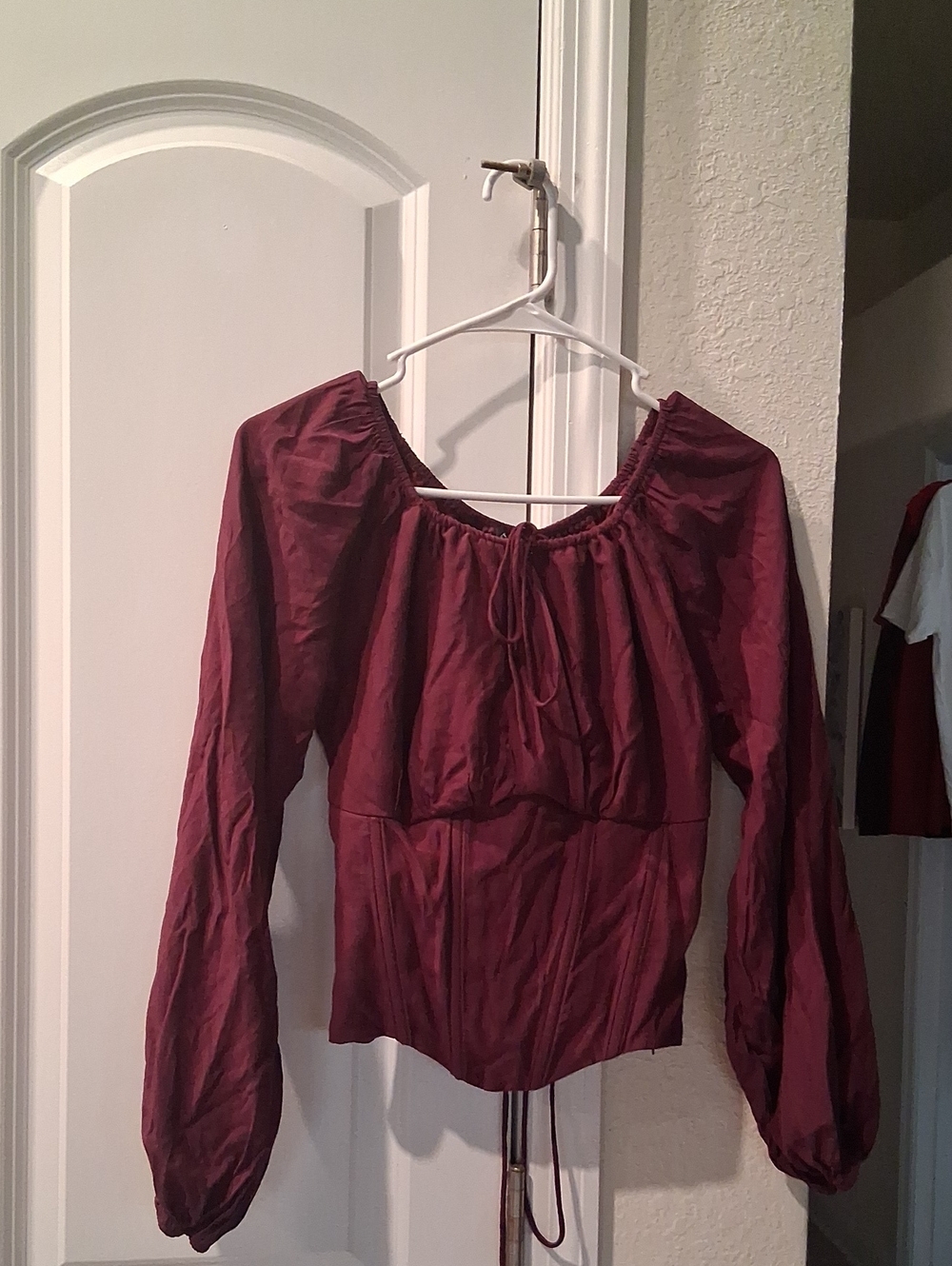 Long Sleeve Burgundy Peasant Top with Tie Front